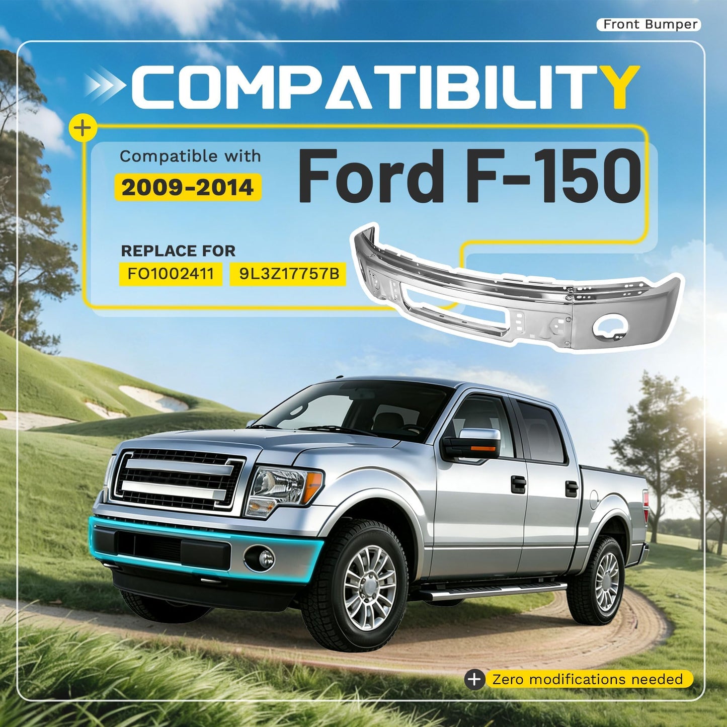Ford F-150 Steel Chrome Front Bumper, No Fog Light Holes