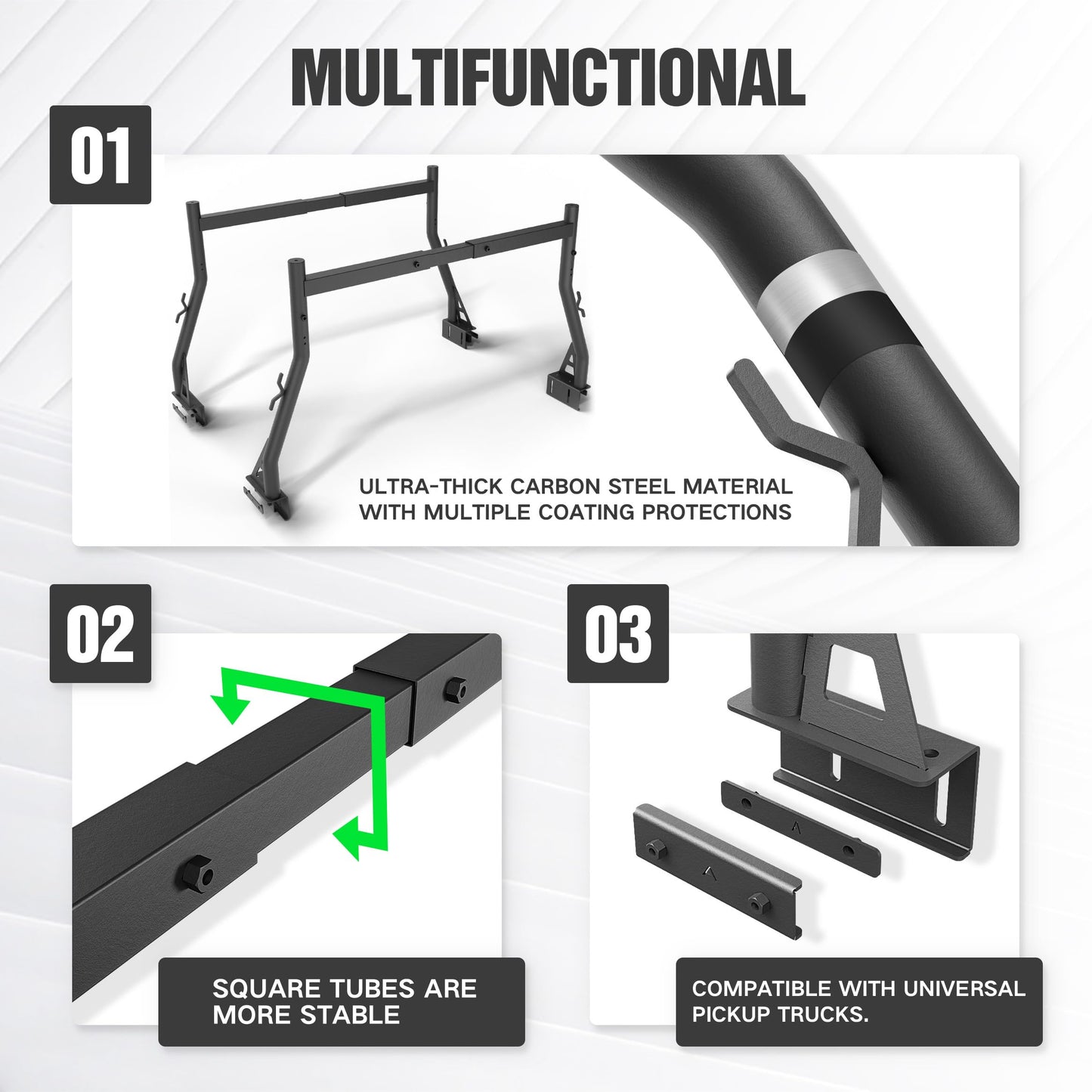 Extendable Non-Drill Truck Rack - 900 lb Capacity for 53"-68" Beds (Kayak/Lumber/Ladder)