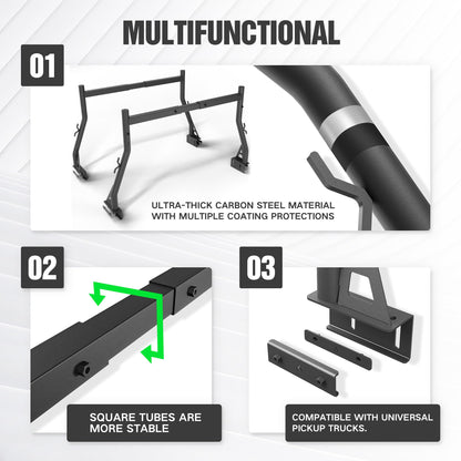 Extendable Non-Drill Truck Rack - 900 lb Capacity for 53"-68" Beds (Kayak/Lumber/Ladder)