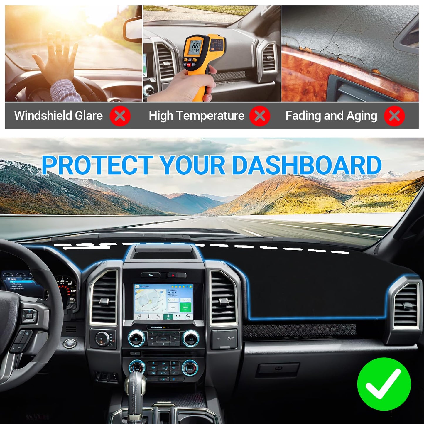 Dash Cover for 2015-2020 Ford F-150 - Felt Dash Mat, UV Protection, Non-Slip
