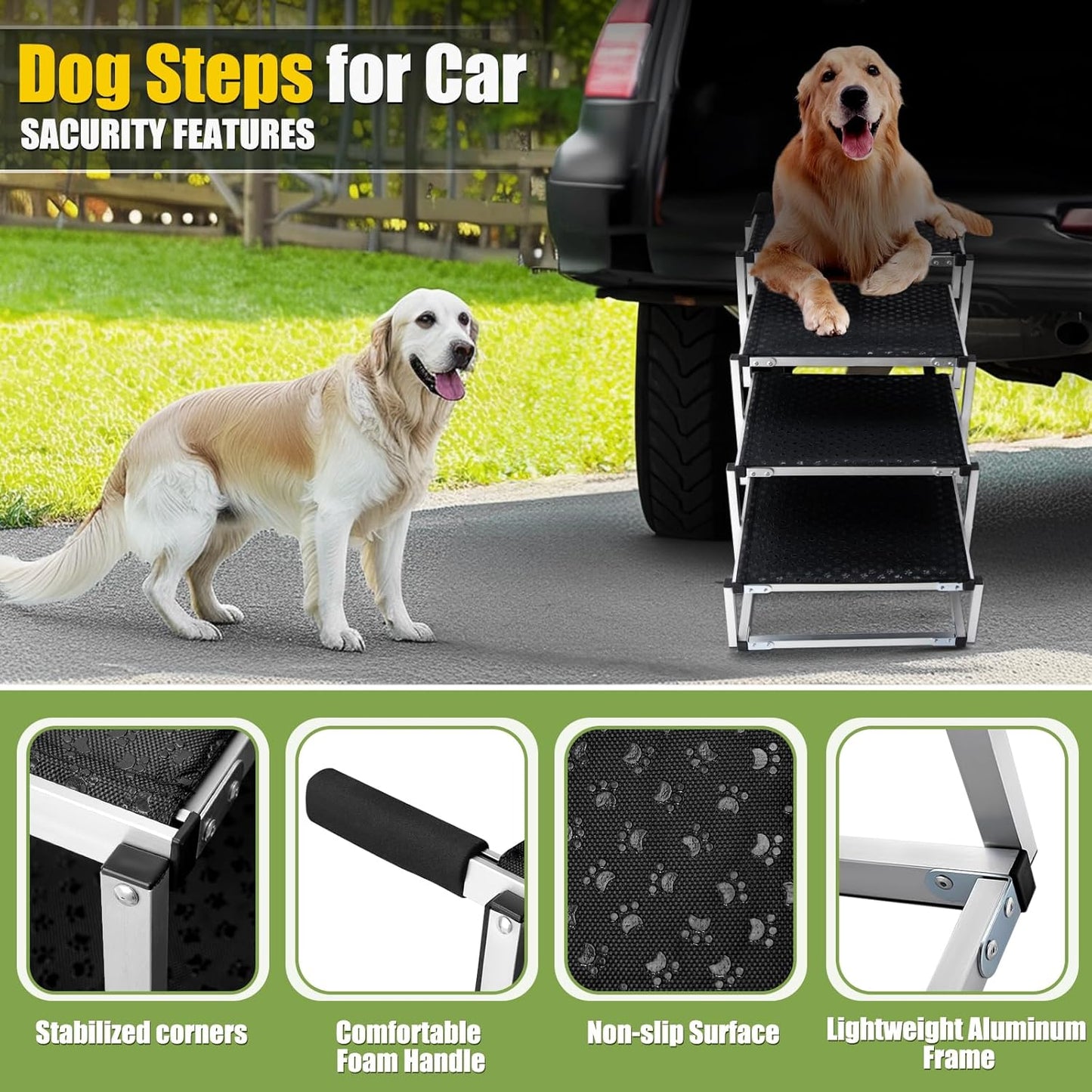 4-Step Foldable Aluminum Dog Stairs - Portable Non-Slip for Trucks/SUVs/Cars