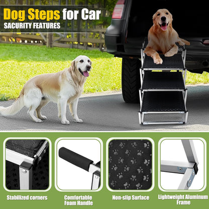 4-Step Foldable Aluminum Dog Stairs - Portable Non-Slip for Trucks/SUVs/Cars