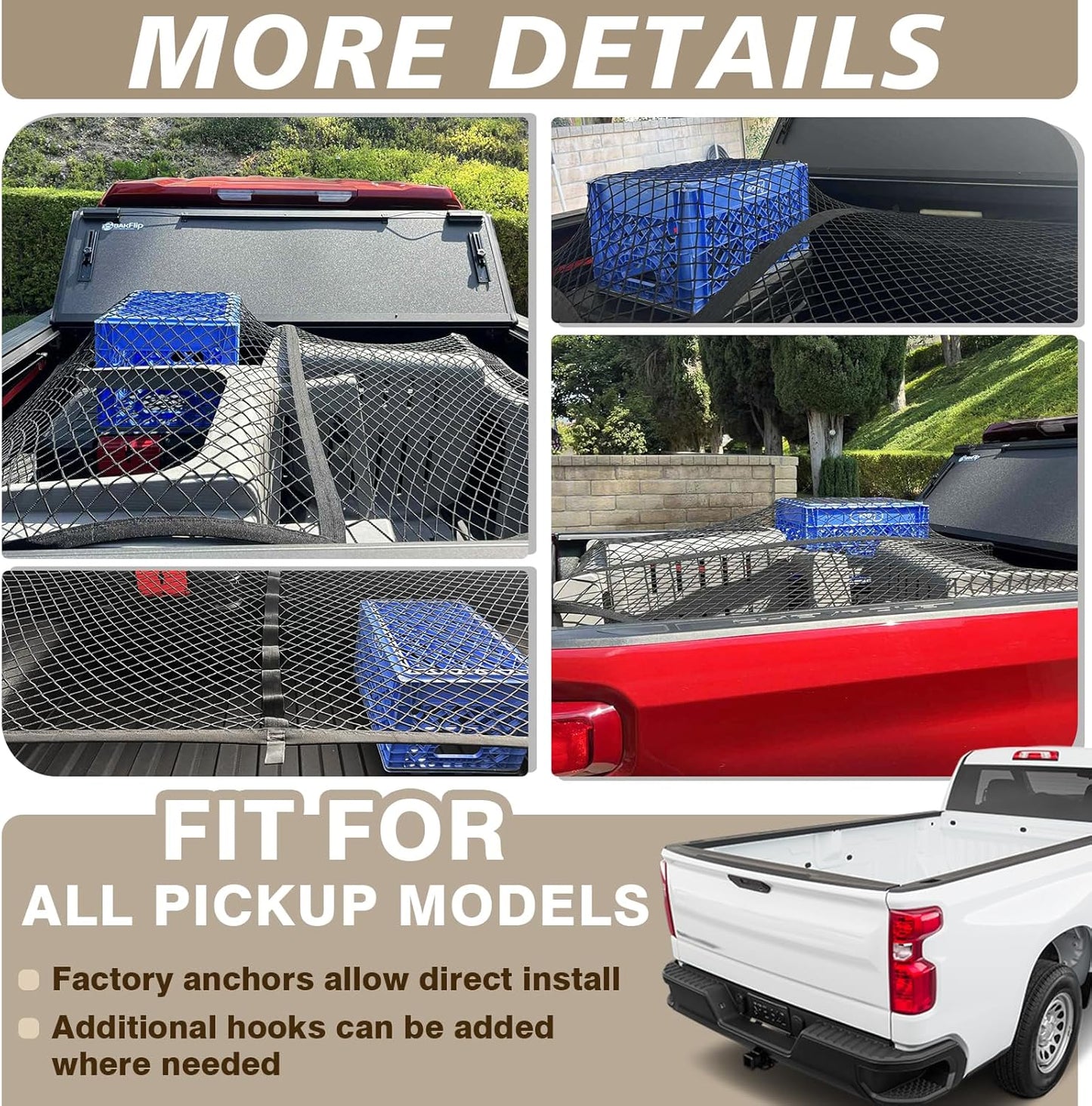 Stretchable Truck Bed Cargo Net (4'x4' to 7'x7') - Heavy Duty Carabiners for Pickup/SUV/ATV/Boat