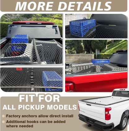 Stretchable Truck Bed Cargo Net (4'x4' to 7'x7') - Heavy Duty Carabiners for Pickup/SUV/ATV/Boat