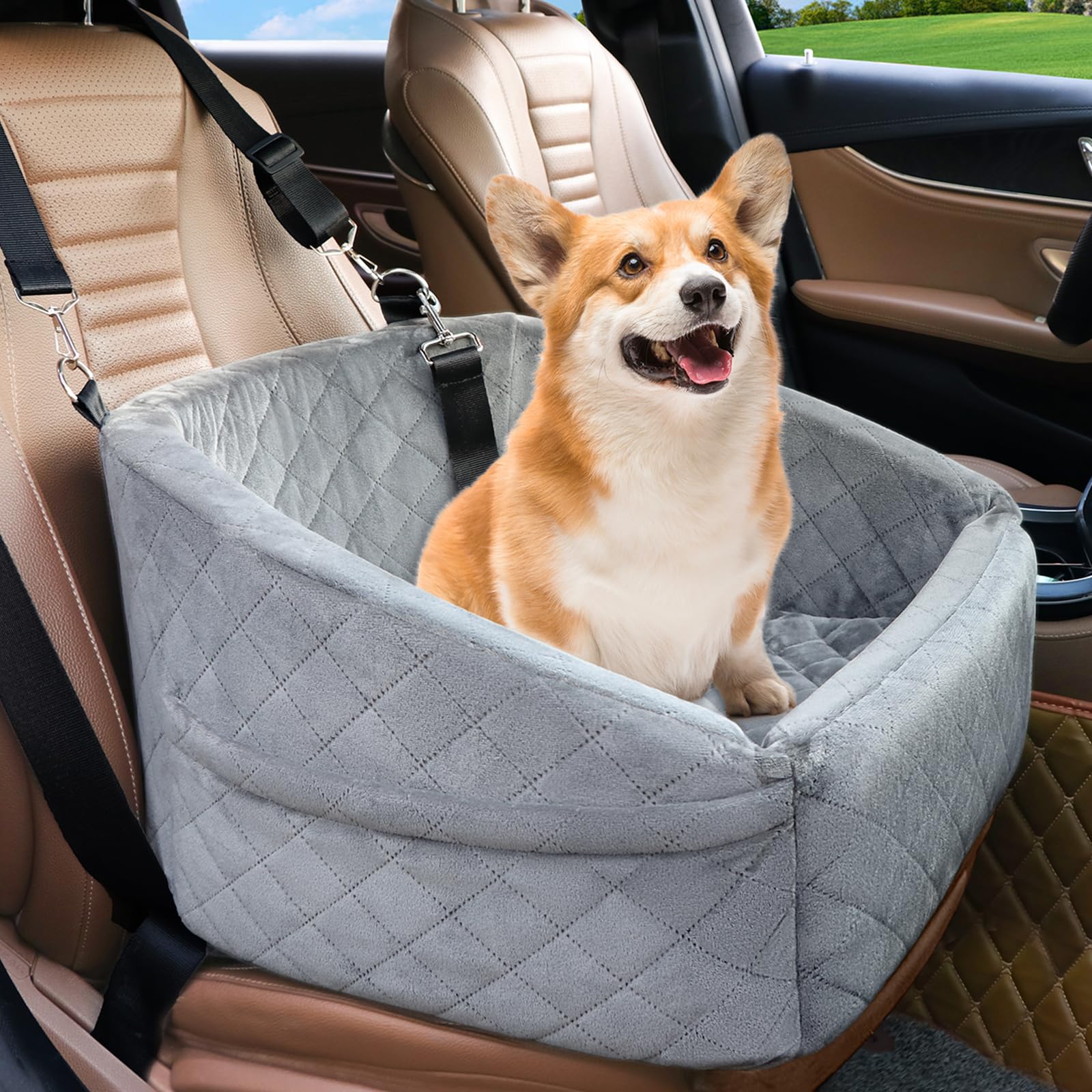 Dog Car Seat for Small Dogs,Detachable Washable Dog Booster Seat Under 30lbs, Pet Car Seat Travel Bed with Storage Pockets and Dog Safety Belt (Black/Grey)
