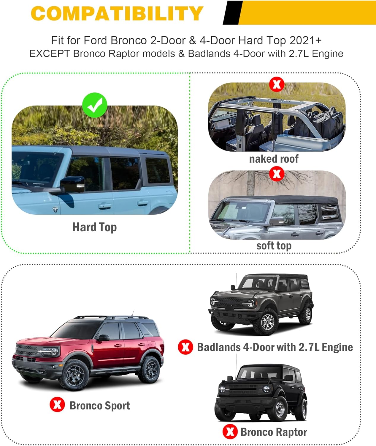 5PCS Cross Bars Roof Rack Rails Kit Fit for Ford Bronco Hard TOP 2Door & 4Door 2021-2025, Rooftop Luggage Rack Crossbars Cargo Carrier Accessories