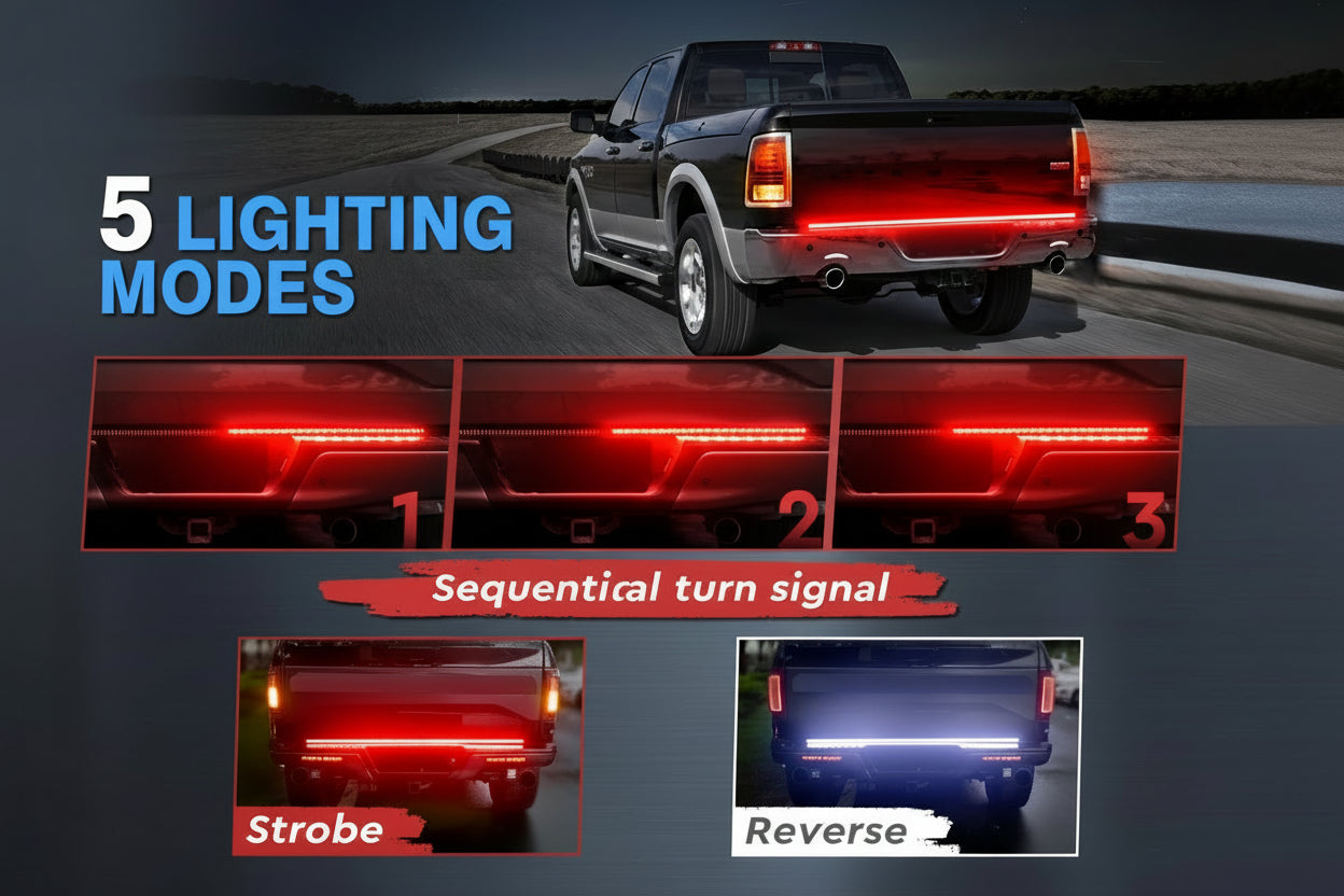 60" Red Sequential LED Tailgate Light Bar - Triple Row 504 LEDs for Ford/RAM (5 Functions)