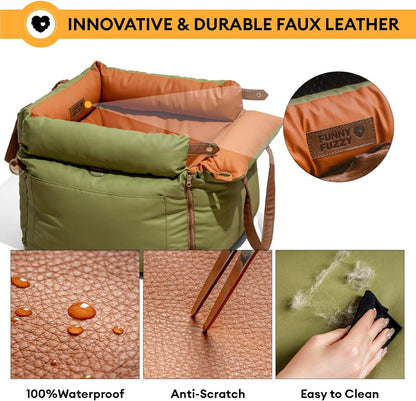 FUNNYFUZZY Leather Dog Car Seat for Small ＆ Medium Sized Dogs Up to 35lbs, Waterproof and Washable Dog Booster Seat Car Bed for Travel and Home,Portable and Safety(Green)
