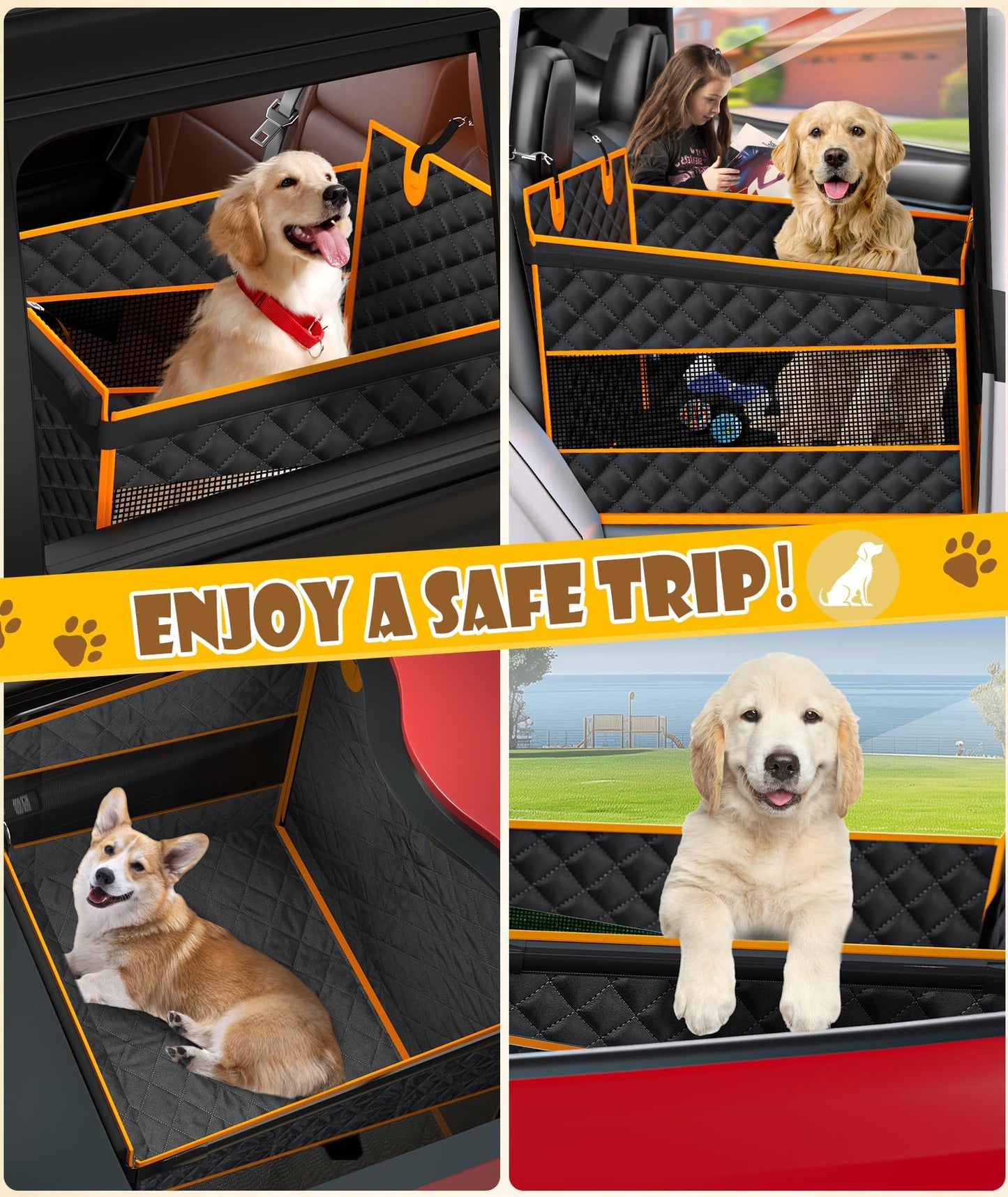 Back Seat Extender w/Storage Pockets - Waterproof Oxford Fabric for Large/Medium Dogs (Black)
