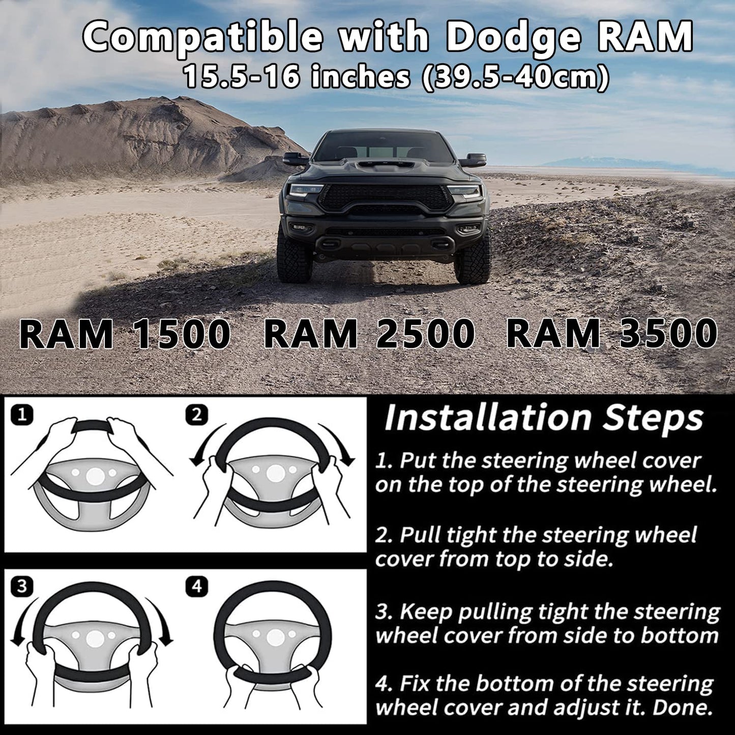 Leather Steering Wheel Cover for 15.5"-16" Dodge Ram 1500/2500/3500 - Anti-Slip Massage Grip (Black)