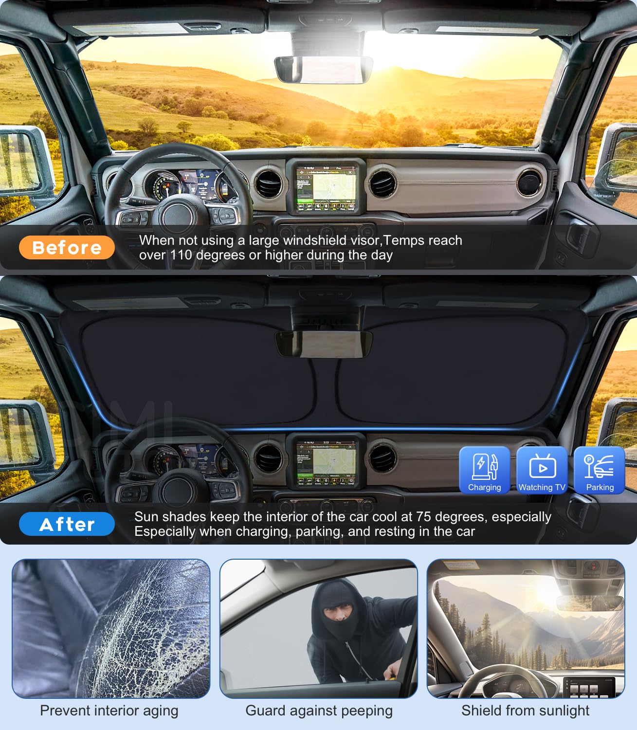 USA Flag Windshield Sun Shade for 1997-2025 Jeep Wrangler & Gladiator - UV Protection