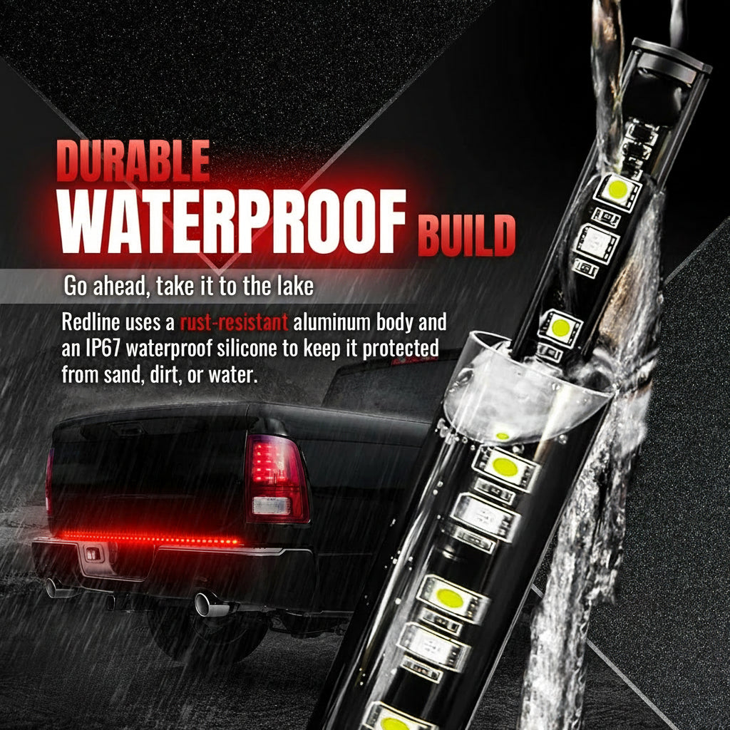 OPT7 60" Redline Parlux Single Row LED Tailgate Light Bar w/Red Turn Signal, Rigid Aluminum Frame Strip – Fits 2005–2014 F150, RAM, Silverado/Sierra 1500 – Full Functions: Brake, Reverse, Running