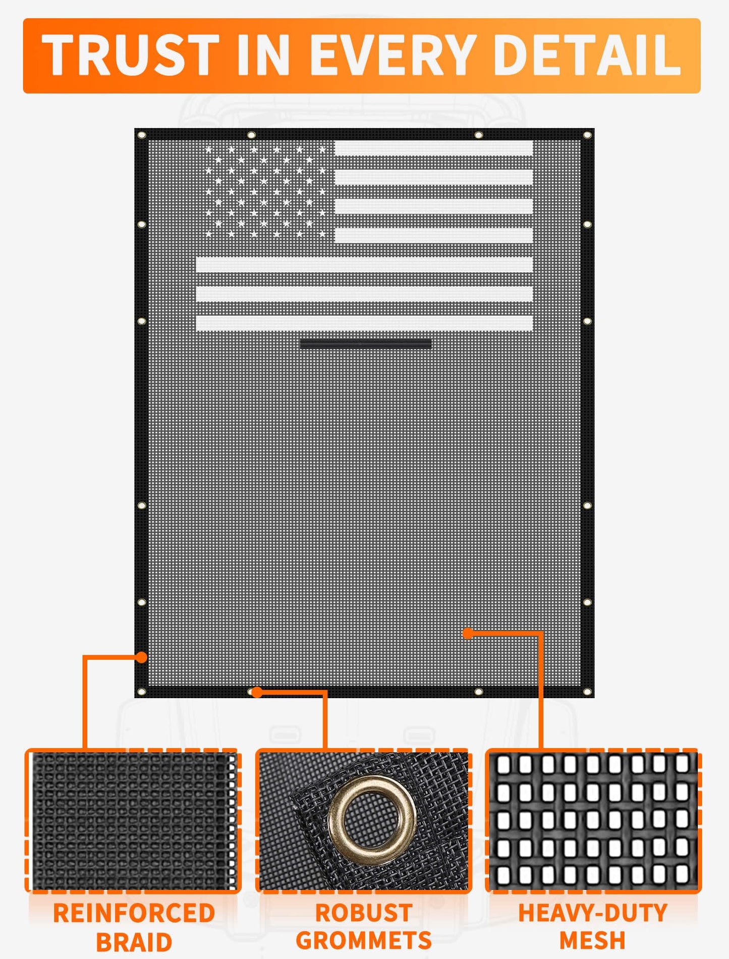 American Flag Mesh Roof Shade for 2018-2023 Jeep Wrangler JL 4XE 4-Door - Black