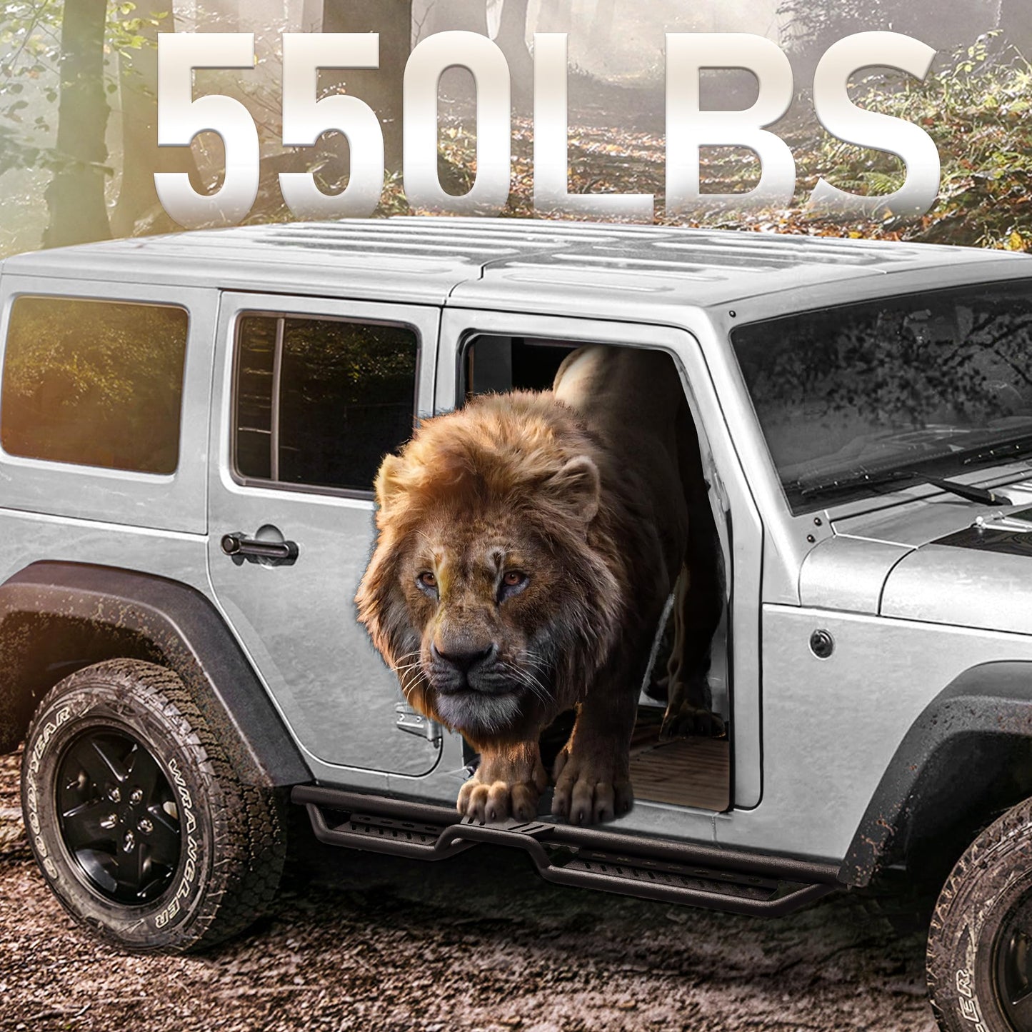 Two-Stair Black Running Boards for 2018-2026 Jeep Wrangler JL 4-Door - Nerf Bars