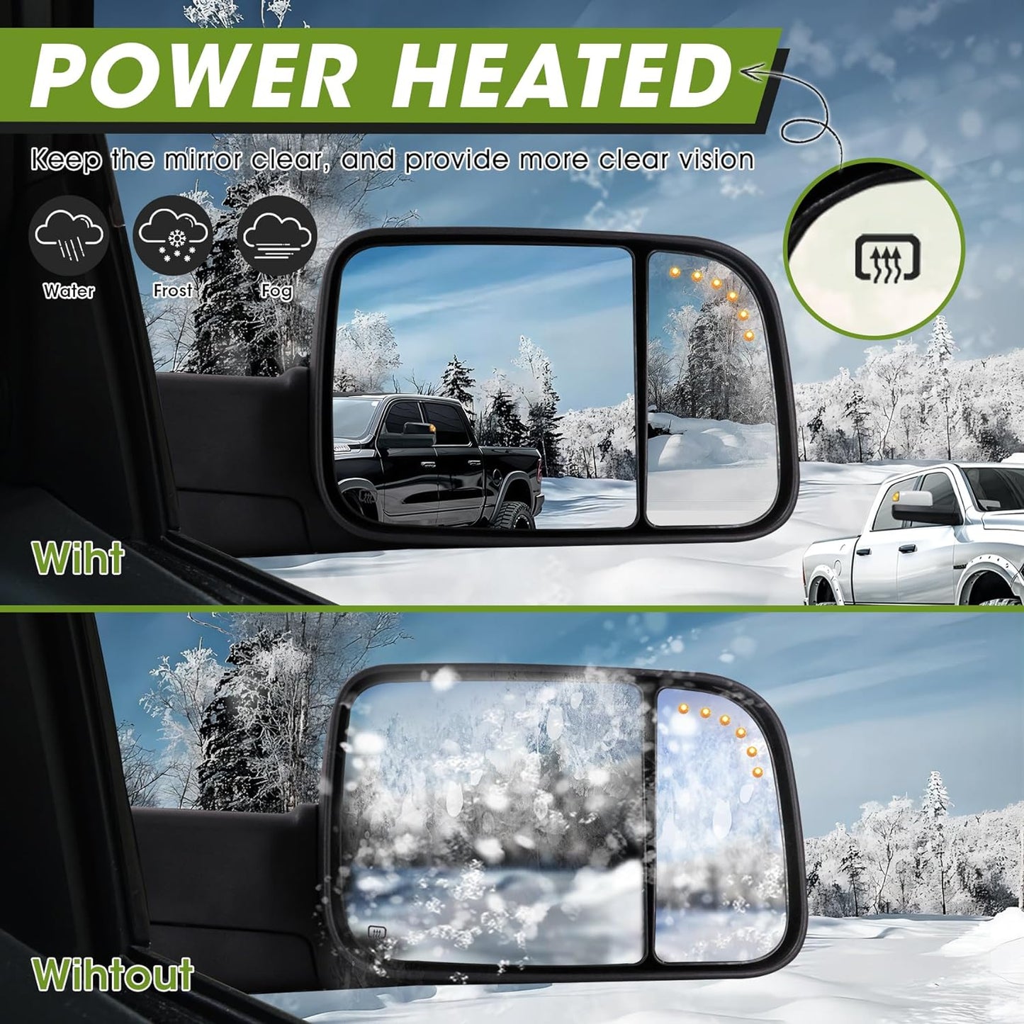 Power Heated Mirror Compatible for 2009-2018 Ram 1500 2500 3500/Classic 2019-2023