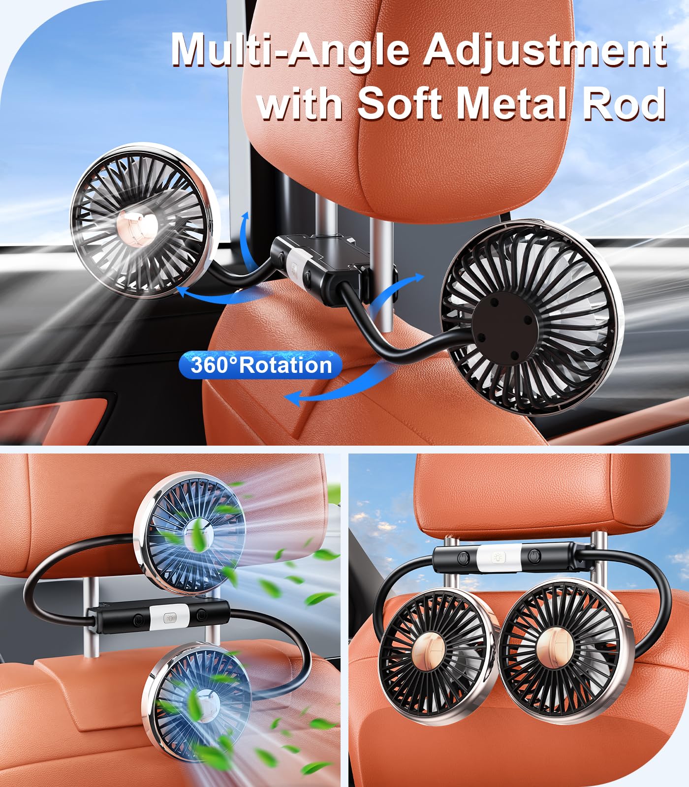Dual Head Gooseneck Car Fan for Back Seat Cooling