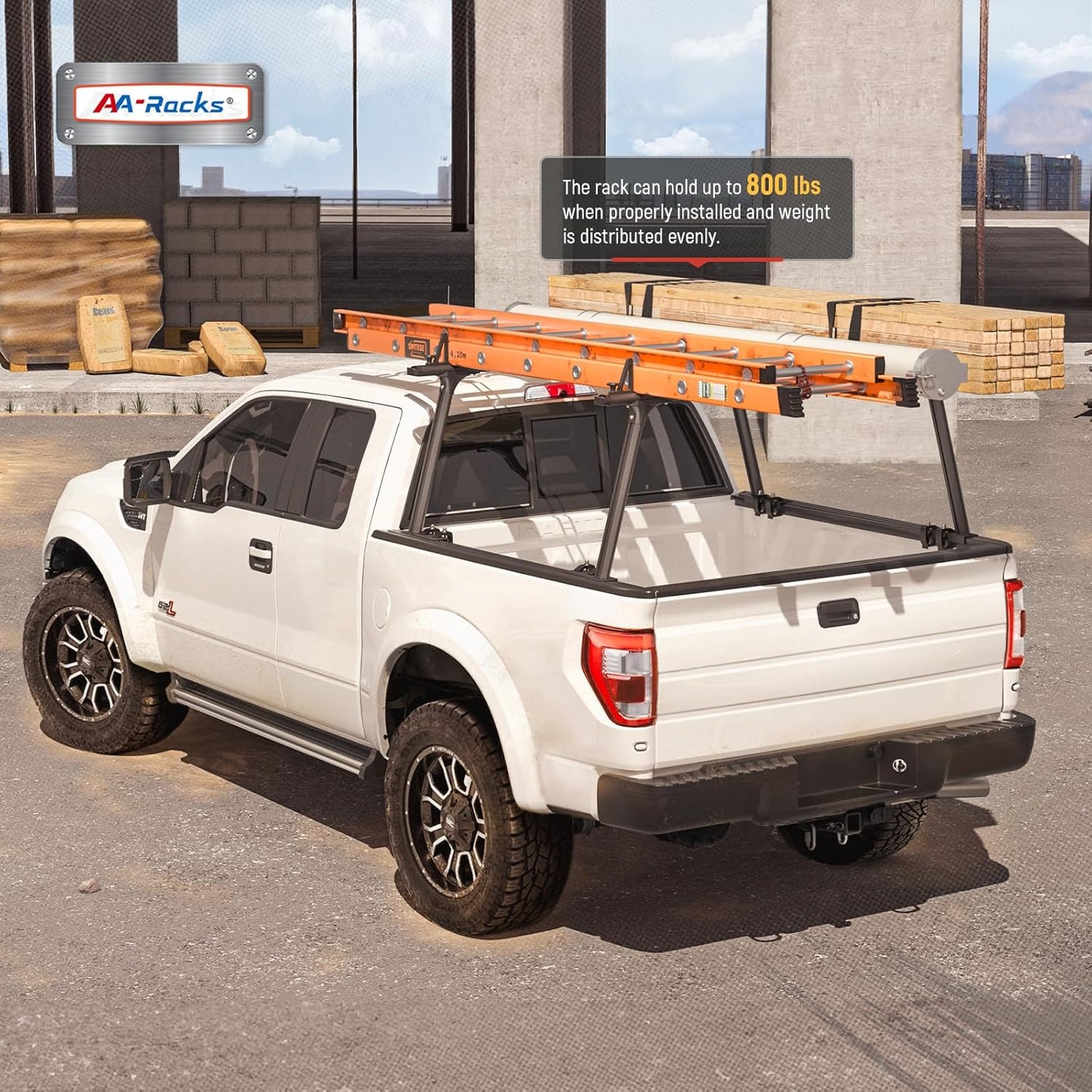 AA-Racks Model APX25-Lite Extendable Aluminum Truck Ladder Rack Adjustable Pick-Up Ladder Rack (No Drilling Required) - Black