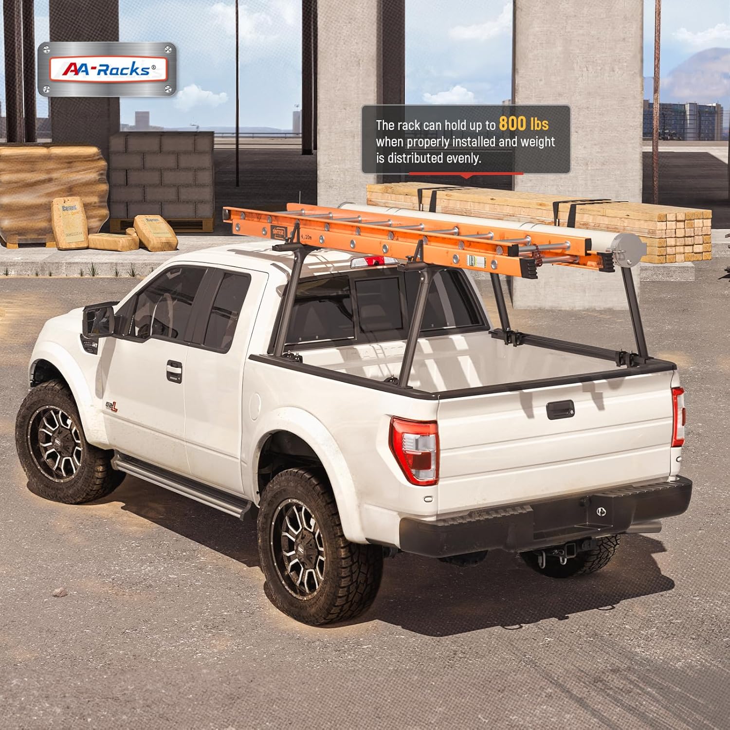 AA-Racks Model APX25-Lite Extendable Aluminum Truck Ladder Rack Adjustable Pick-Up Ladder Rack (No Drilling Required) - Black