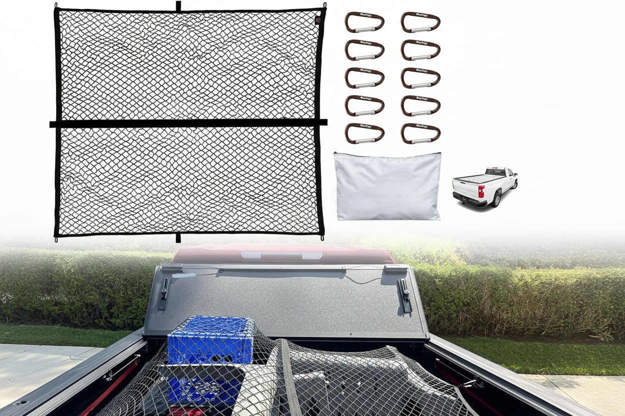 Stretchable Truck Bed Cargo Net (4'x4' to 7'x7') - Heavy Duty Carabiners for Pickup/SUV/ATV/Boat