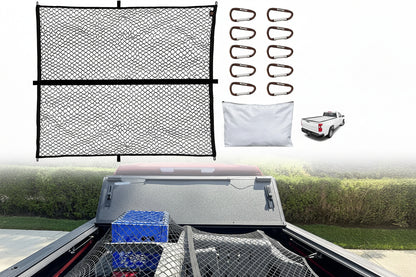 Stretchable Truck Bed Cargo Net (4'x4' to 7'x7') - Heavy Duty Carabiners for Pickup/SUV/ATV/Boat