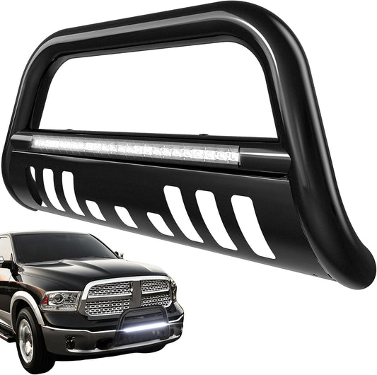 AUTOSAVER88 Bull Bar with LED Light Bar Compatible for 2004-2023 Ford F-150 F150 3" Tubing Front Grille Brush Push Bumper Guard Include Skid Plate Light Mount Black