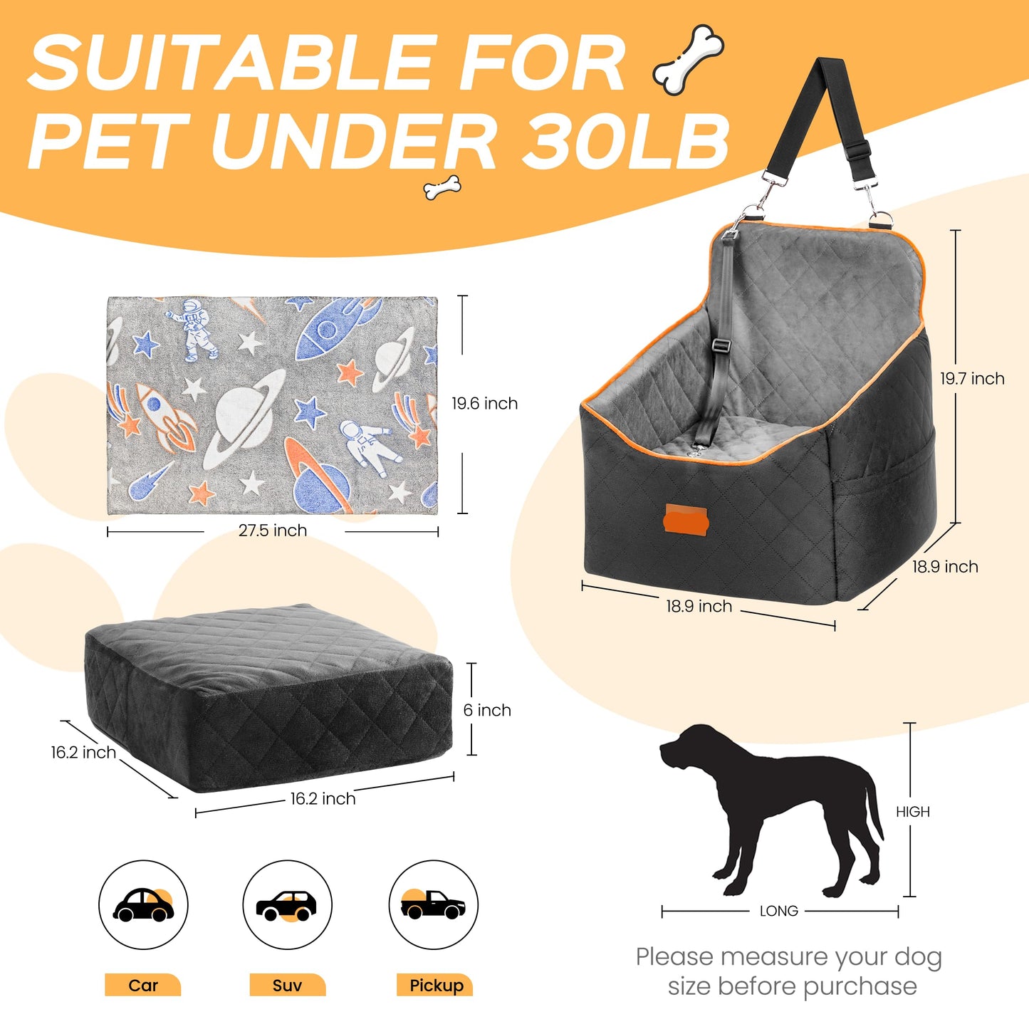6" Elevated Memory Foam Booster Seat - 35 lb Capacity, Washable w/Safety Leash & Storage Pockets