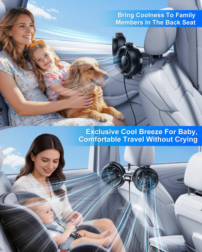 Dual-Head Car Fan: Powerful, Stepless Speed Control, Ideal for All Seats