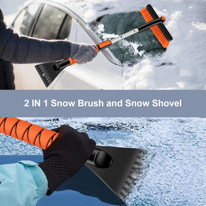 33" Extendable Snow Brush with Detachable Ice Scraper - 360° Pivot (Orange)