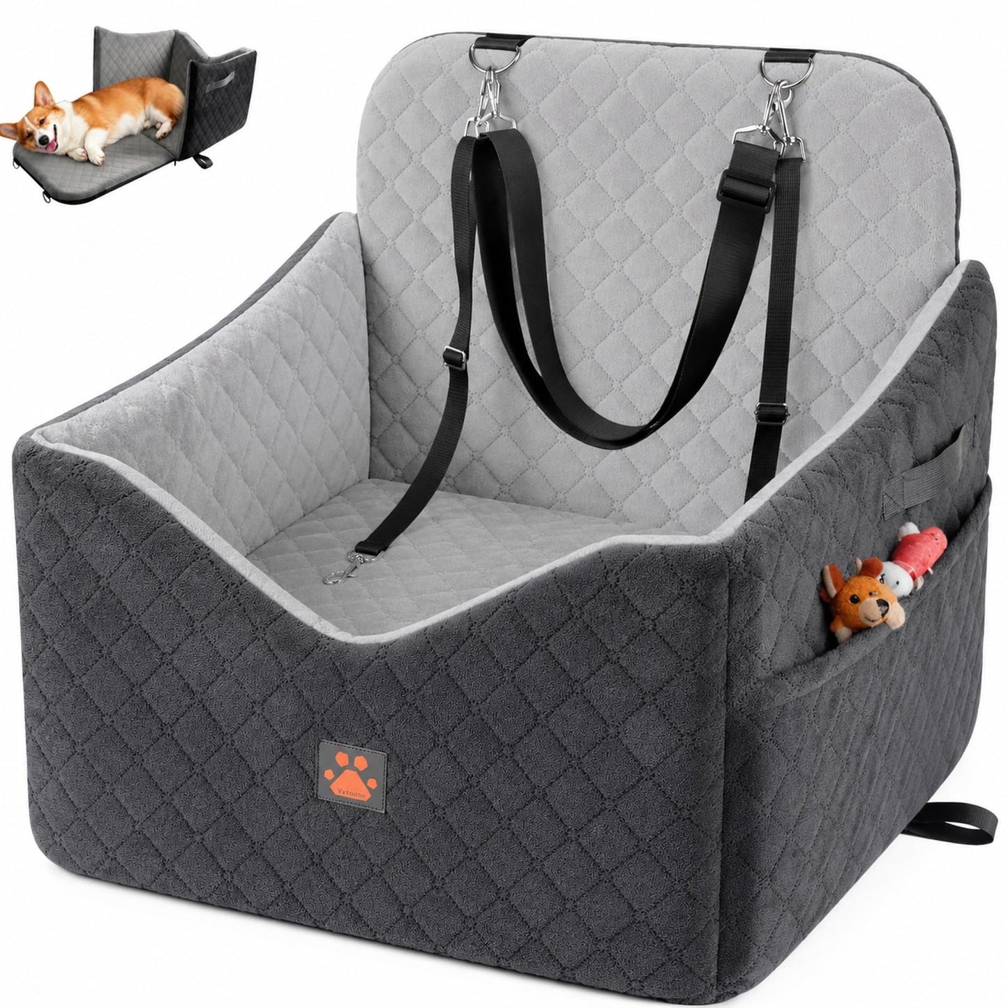 Small/Medium Dog Car Seat w/Side Opening - Thick Cushion, Detachable Washable, 35 lb Capacity (Grey)