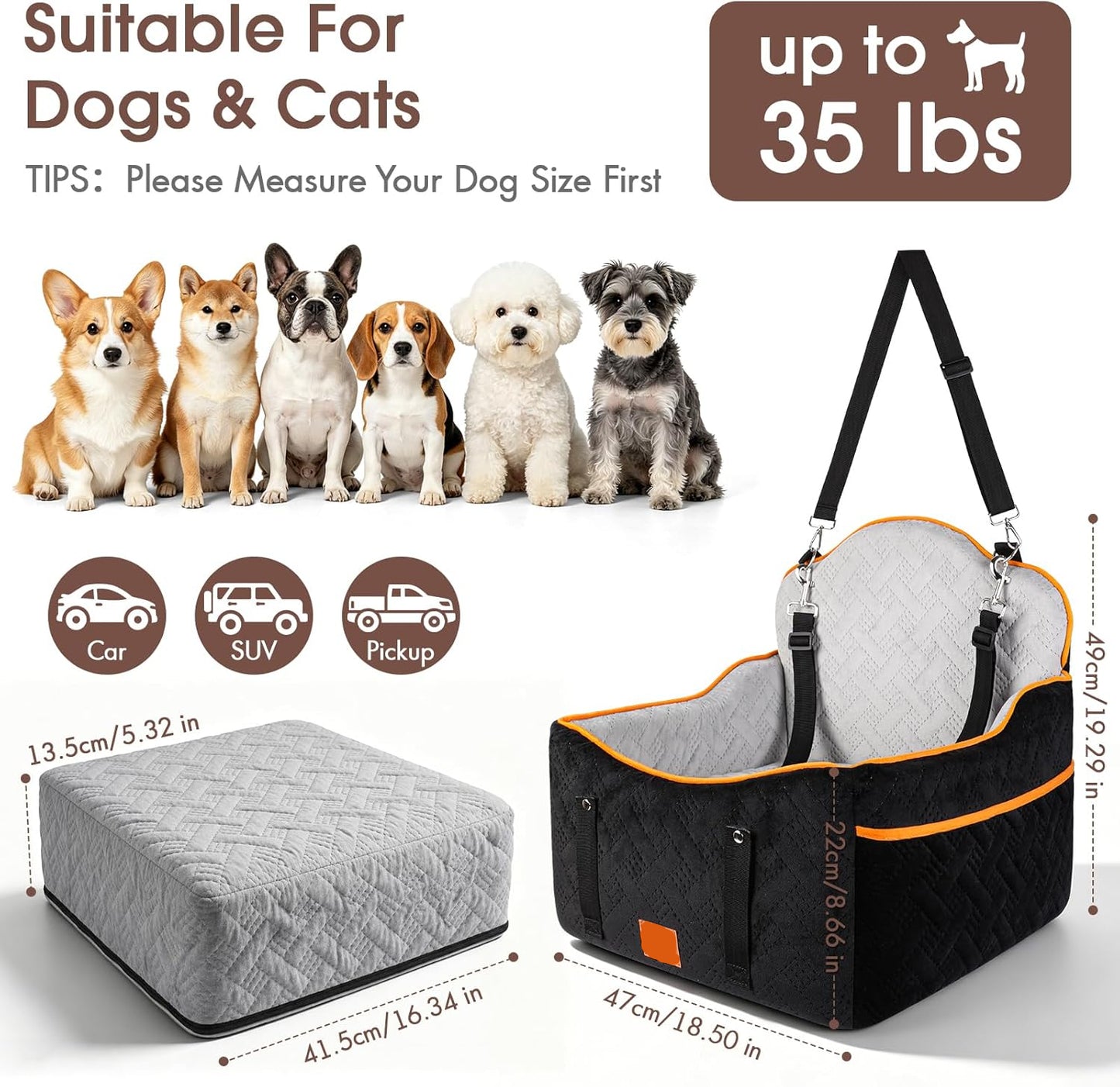 5.3" Memory Foam Dog Booster Seat - 35 lb Capacity, Dual Safety Leashes, Removable Cover (Black)