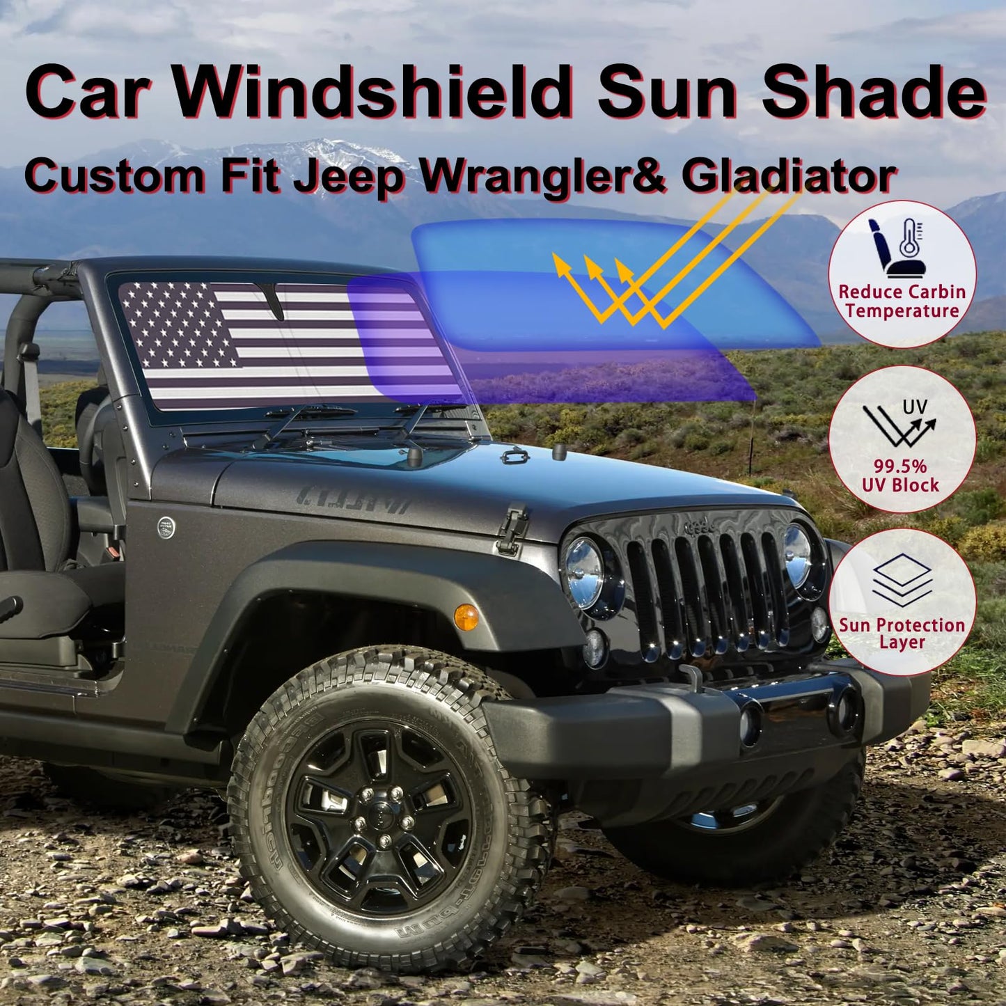 American Flag Windshield Sun Shade for Jeep Wrangler & Gladiator (4-Layer Coating with Pouch)