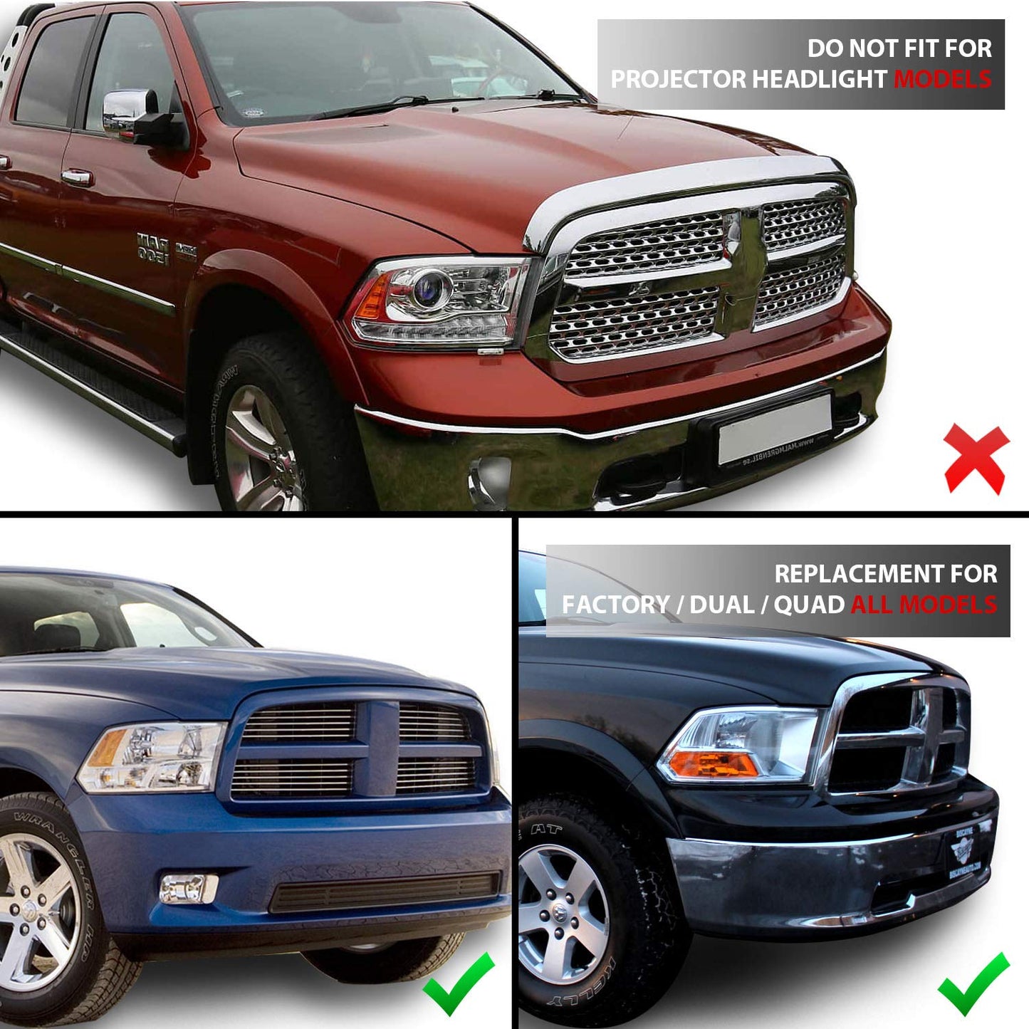 Black LED Bar Headlights for 2009-2018 Dodge Ram 1500/2500/3500 (Pair) - Includes Bulbs