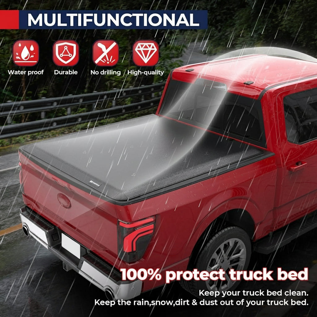 MOSTPLUS Quad Fold Soft Truck Bed Tonneau Cover On Top Compatible for 2015-2024 2025 Ford F150 F-150 Bed Fourth Fold Styleside 5.5 FT Bed Cover