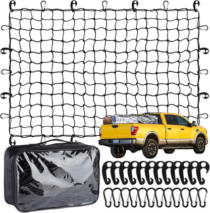 Heavy-Duty 4'x6' Stretch Cargo Net (to 10'x15') - 4"x4" Mesh, 24 Clips for Ford/Chevy/Ram/Toyota