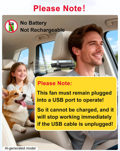 USB Car Seat Cooling Fan for Front & Backseat, Bladeless, 3-Speed