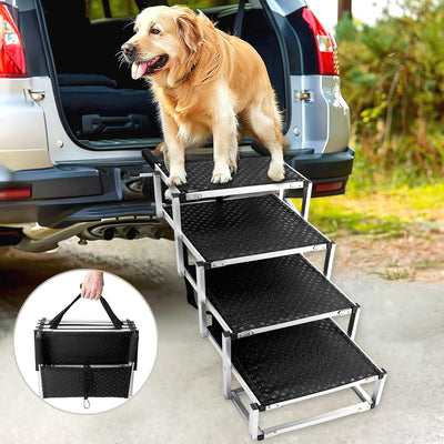 4-Step Foldable Aluminum Dog Stairs - Portable Non-Slip for Trucks/SUVs/Cars