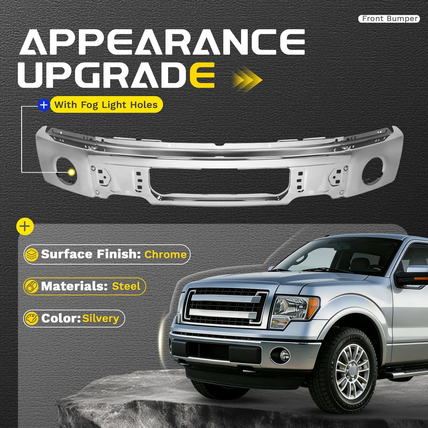 Ford F-150 Steel Chrome Front Bumper, No Fog Light Holes