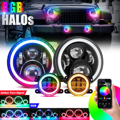 7" RGB LED Headlights & Fog Lights with Halo - DOT Approved for Jeep