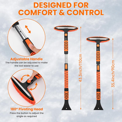 43" 3-in-1 Extendable Snow Brush - 180° Pivot, Squeegee & Ice Scraper (Black/Orange)