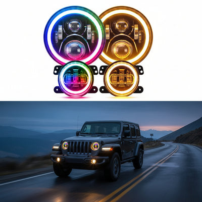 7" RGB LED Headlights & Fog Lights with Halo - DOT Approved for Jeep