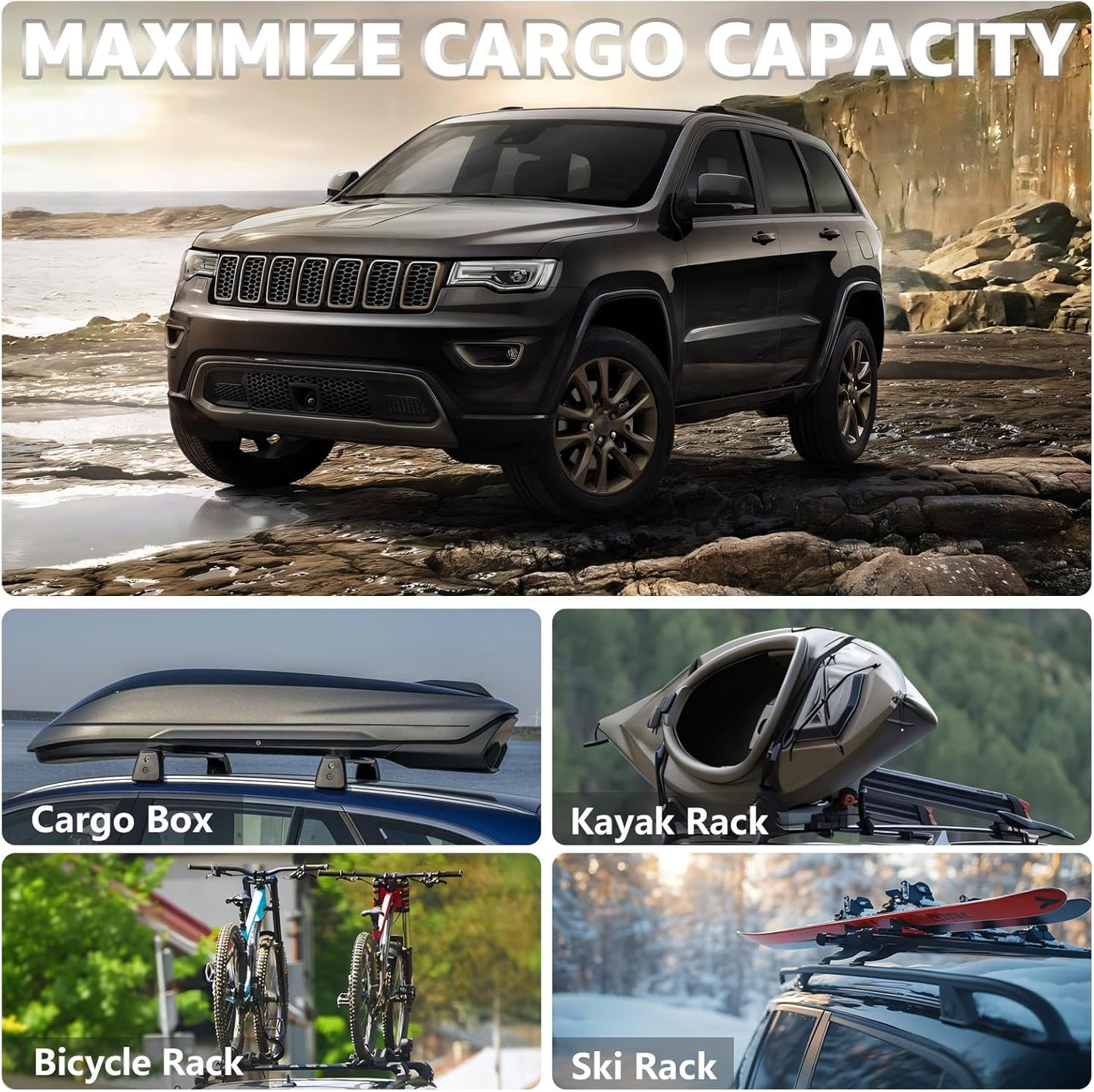Roof Rack Cross Bars Compatible with Jeep Cherokee 2014-2024, Adjustable Aluminum Heavy Duty 300 LBS Anti-Theft Lock Cargo Carrier Rooftop Crossbar Accessories for Bike, Basket, Snowboard, Luggage