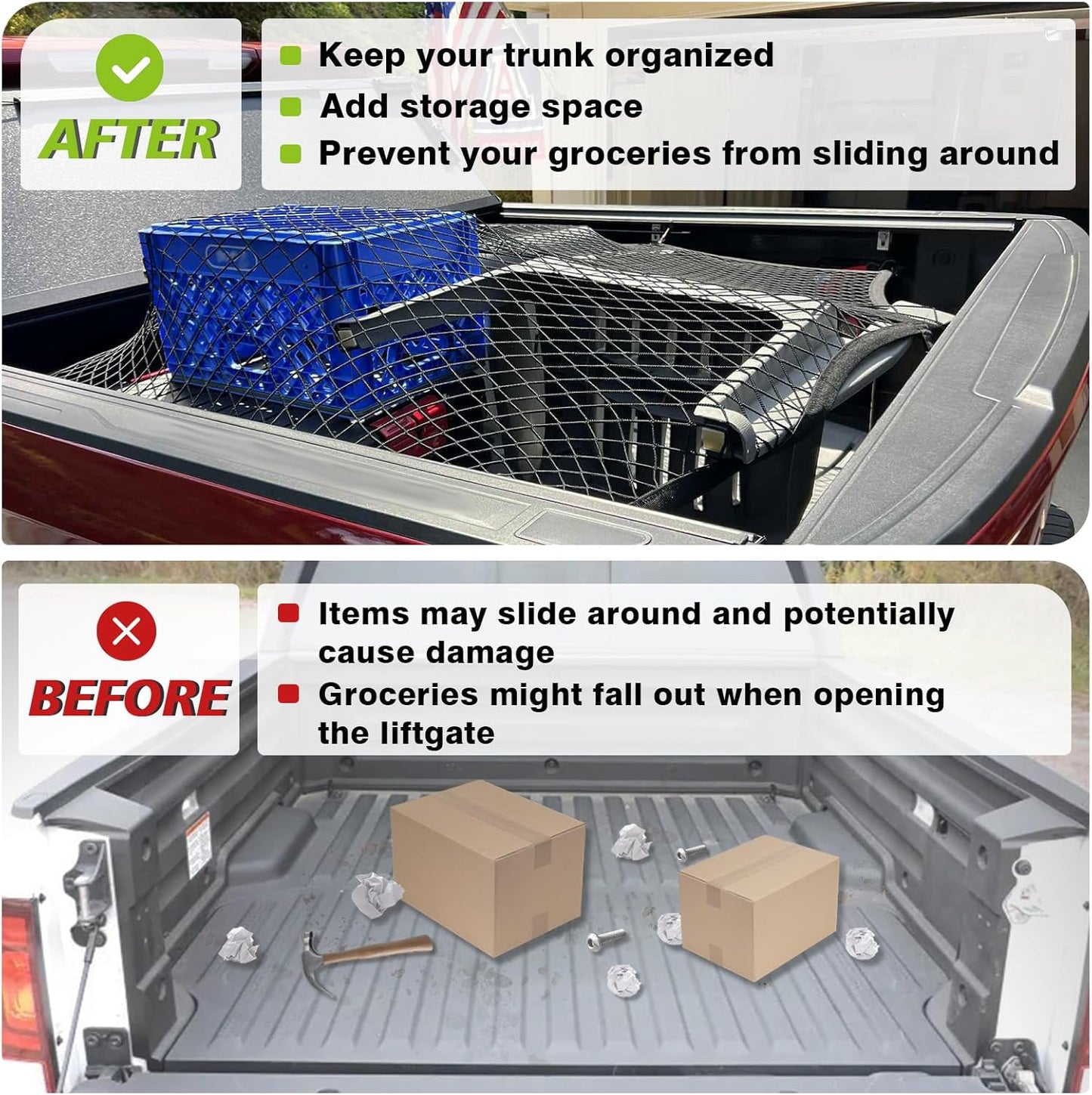 Stretchable Truck Bed Cargo Net (4'x4' to 7'x7') - Heavy Duty Carabiners for Pickup/SUV/ATV/Boat