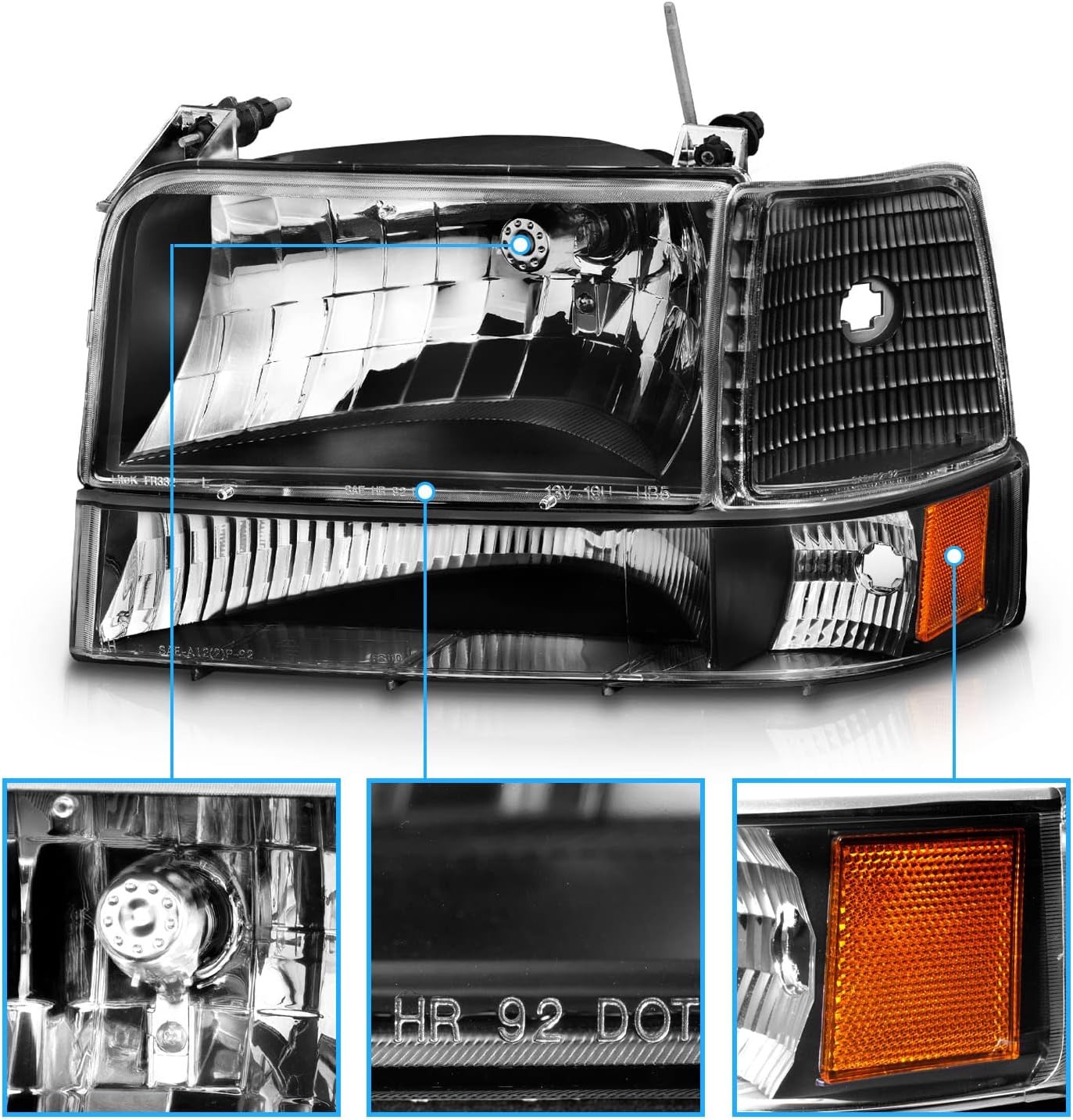 Headlight Assembly w/Bumper Corner Lamp Set for 1992-1996 Ford F150 F250 F350 Bronco Truck - OHMU