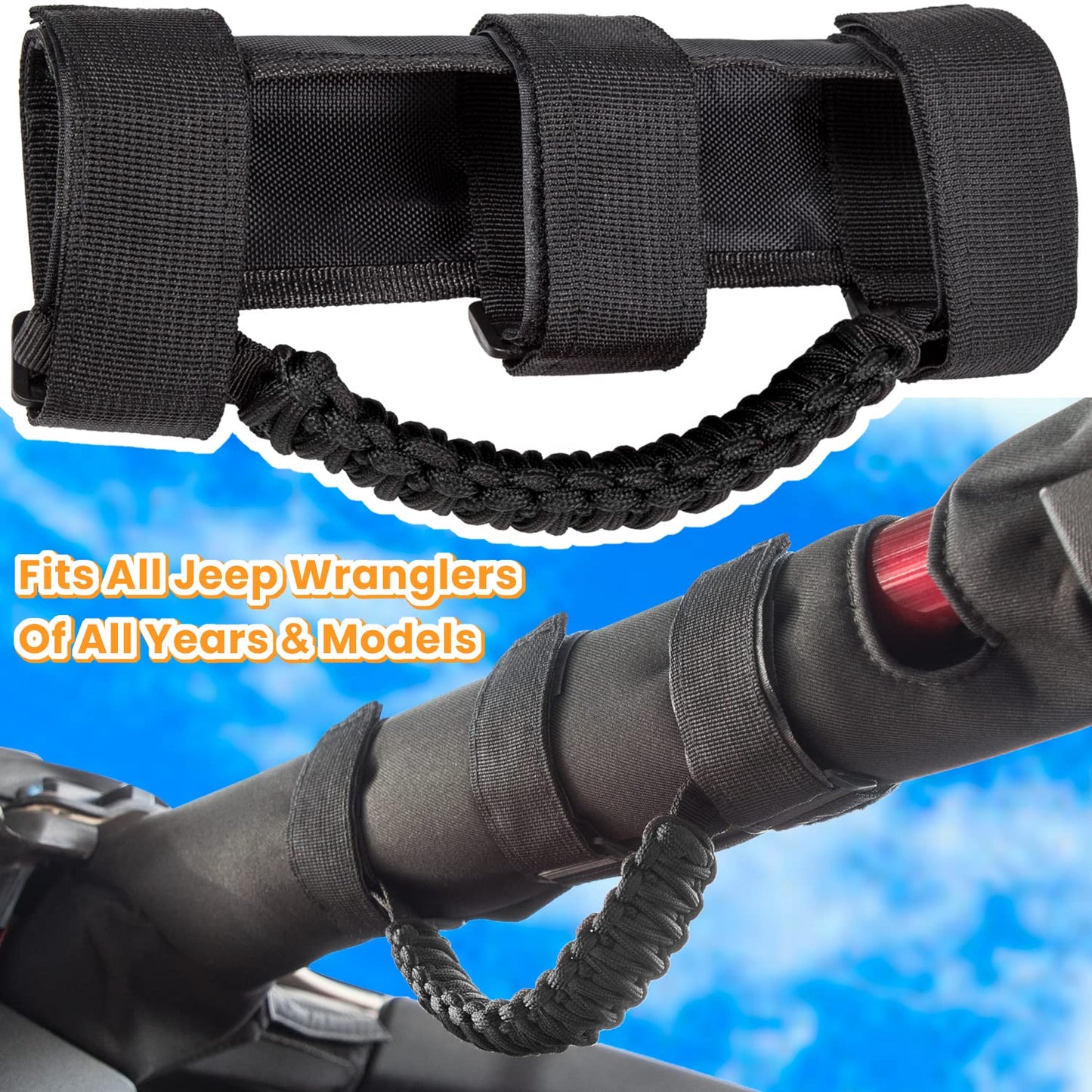 4-Pack Roll Bar Grab Handles for Jeep Wrangler & Gladiator (1955-2023, Black)