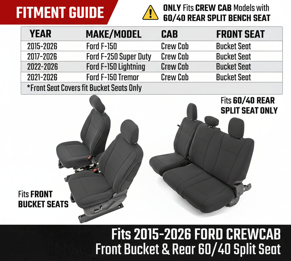 Neoprene Front & Rear Seat Covers for 2015-2026 Ford F-Series Crew Cab (Bucket Seats)