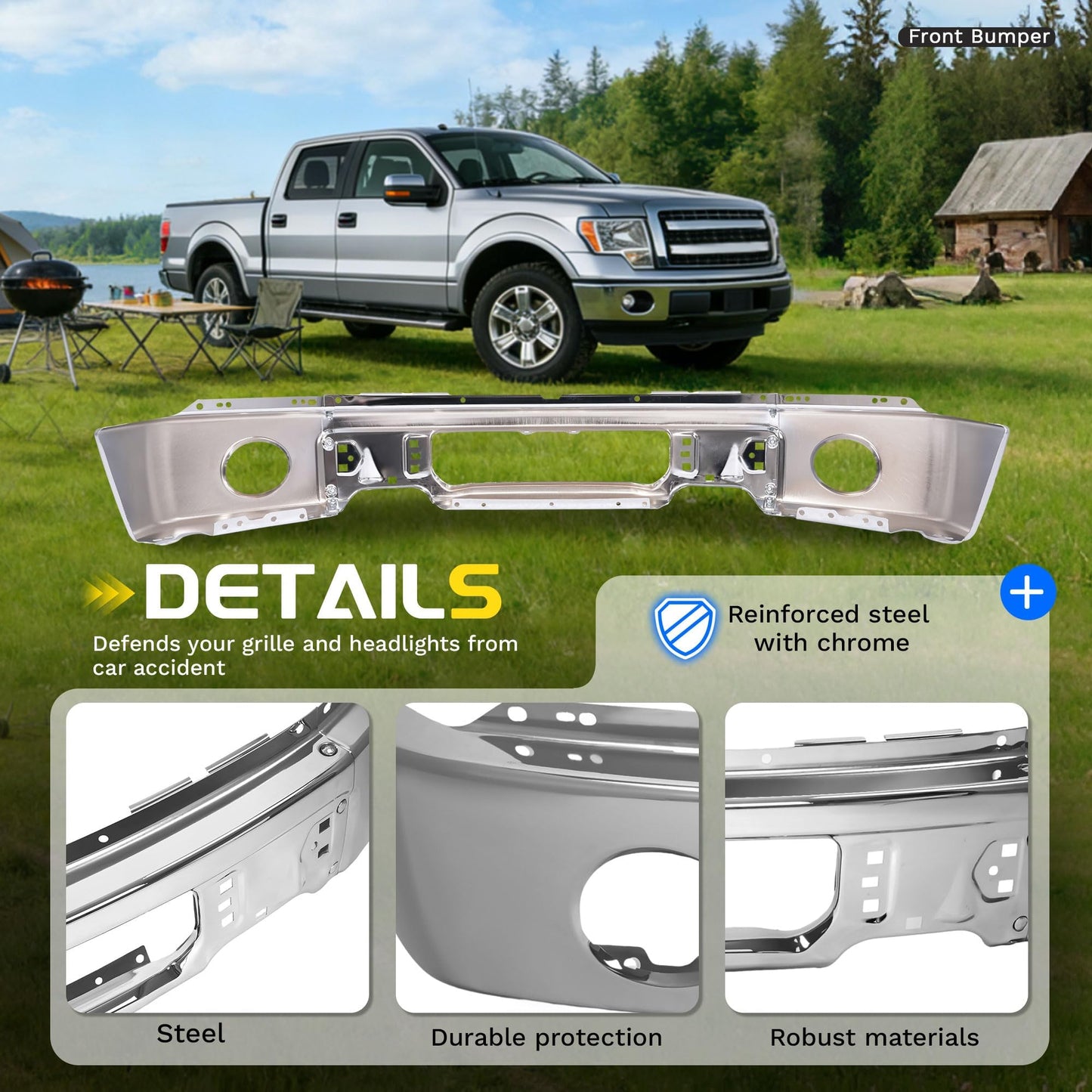 Ford F-150 Steel Chrome Front Bumper, No Fog Light Holes