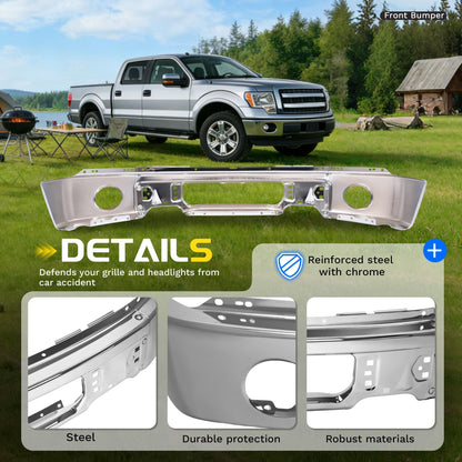 Ford F-150 Steel Chrome Front Bumper, No Fog Light Holes
