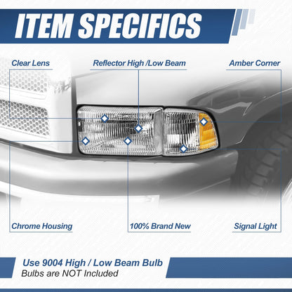 4-PCS Headlight & Corner Lamp Kit for 1994-2002 Dodge Ram 1500/2500/3500 (Non-Sport) - Chrome Housing