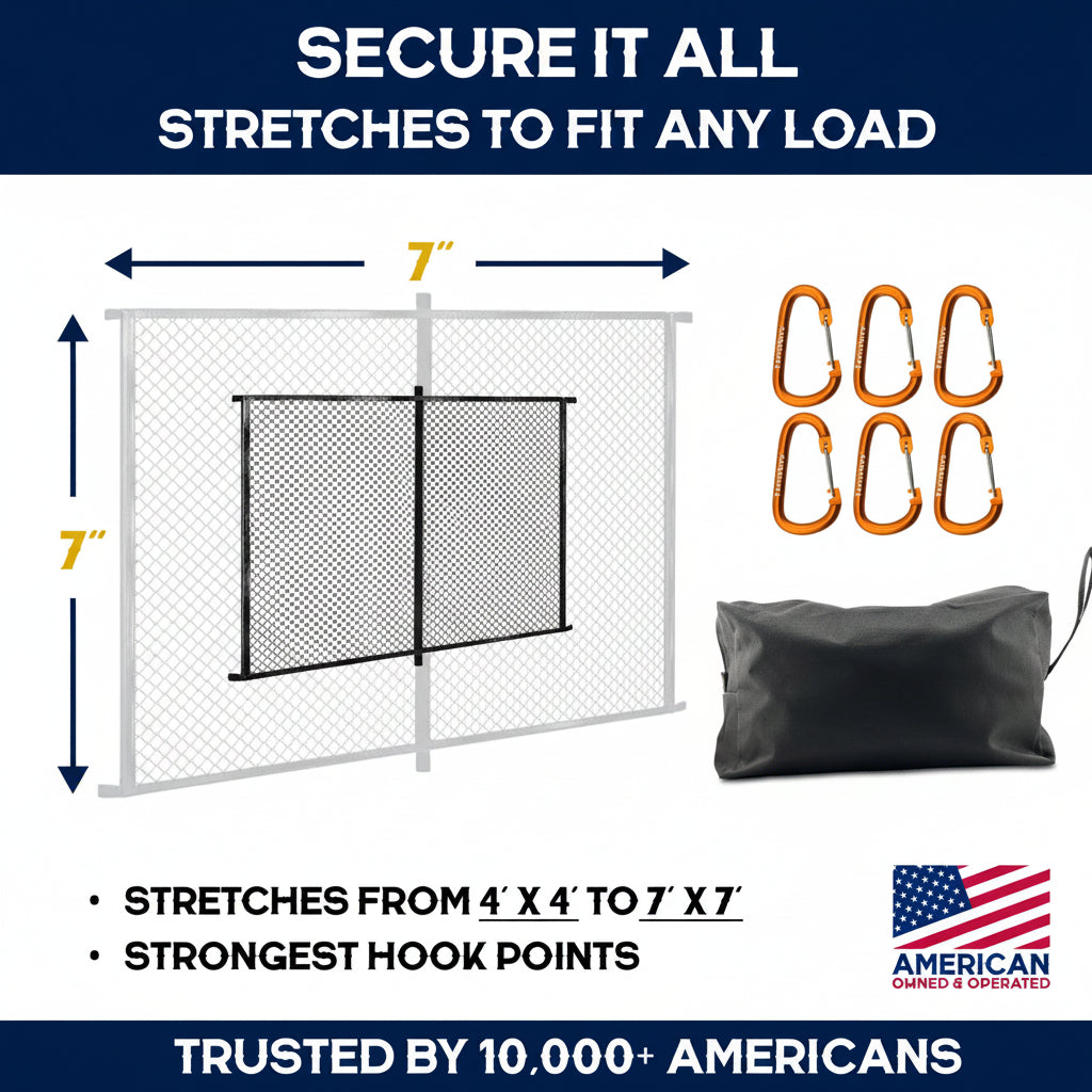 4'x4' Double Layer Elastic Cargo Net - Light Loads, Heavy-Duty Carabiners, USA Company