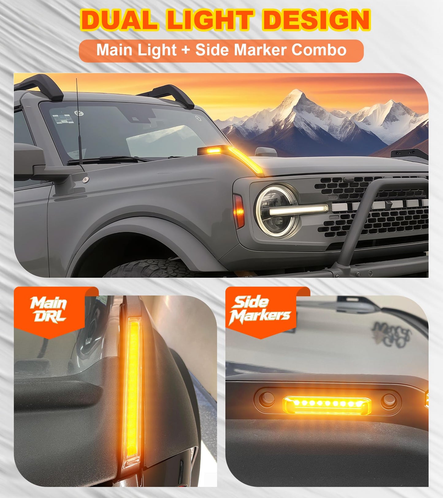 Bronco Hood Handle Trail Lights: Amber DRL, Side Markers, IP68 Waterproof